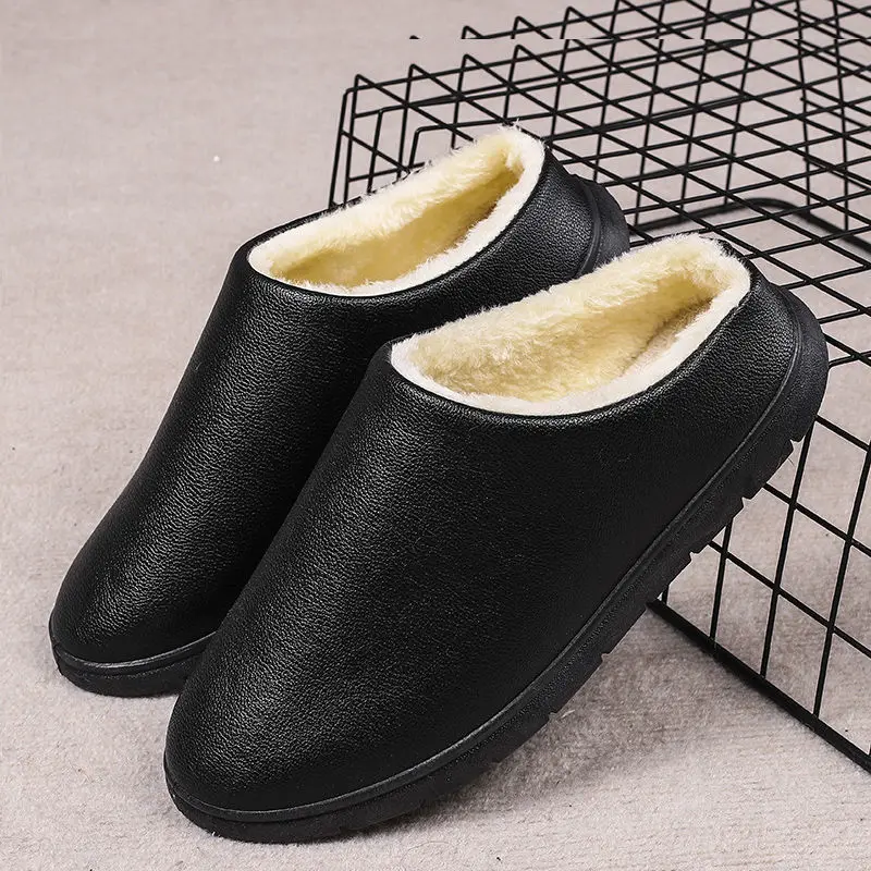 

Men Women Winter leather Slippers Waterproof Indoor Casual Warm Plush Fashion Cotton Fur Lovers Slippers Home Couple Slippers