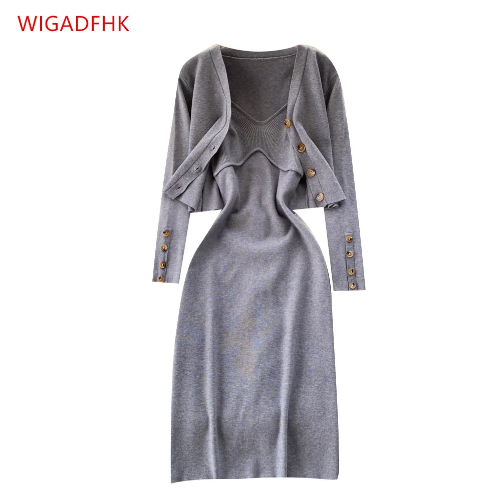 

Женский трикотажный костюм, Повседневный Кардиган с длинным рукавом и жилет на бретельках, модельный костюм из двух предметов, зима 2021