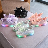 girls led lights flying woven sneakers breathable soft soled casual shoes children sports running sneakers fashion all match