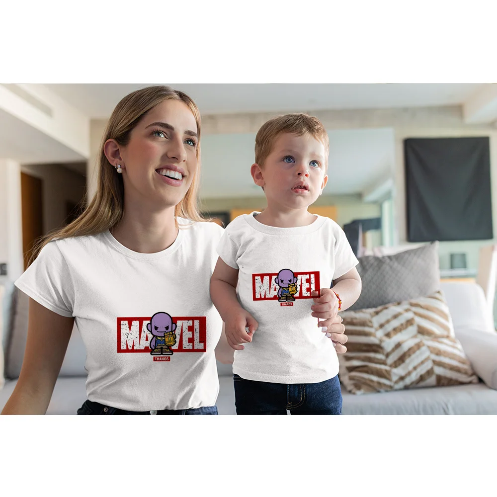 

Mother Kids Clothes Marvel Matching Fashion Cartoon Thanos Print Marvel Top Short-Sleeved Summer Casual White My Family Look