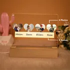 Персонализированный светодиодный ночник с USB, акриловая 3D лампа с 4 фото и именем под заказ для спальни, гостиной, украшение для дома с деревянной основой