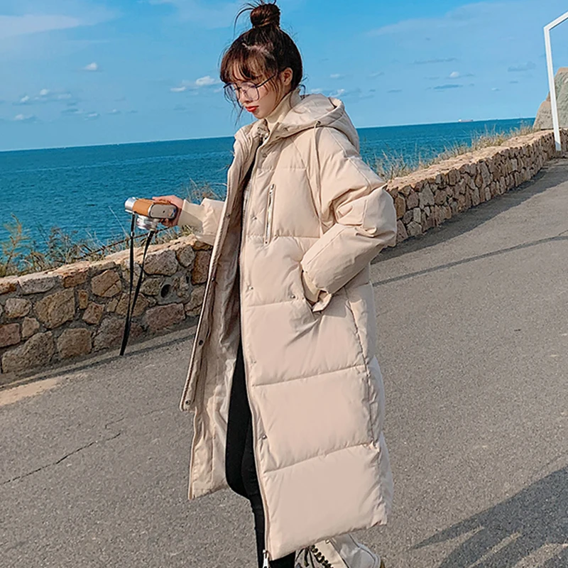 

2021 New Thick Winter Women X-Long Jacket Hooded Casual Cotton Padded Parkas for Female Solid Loose Windbreaker Long Coat