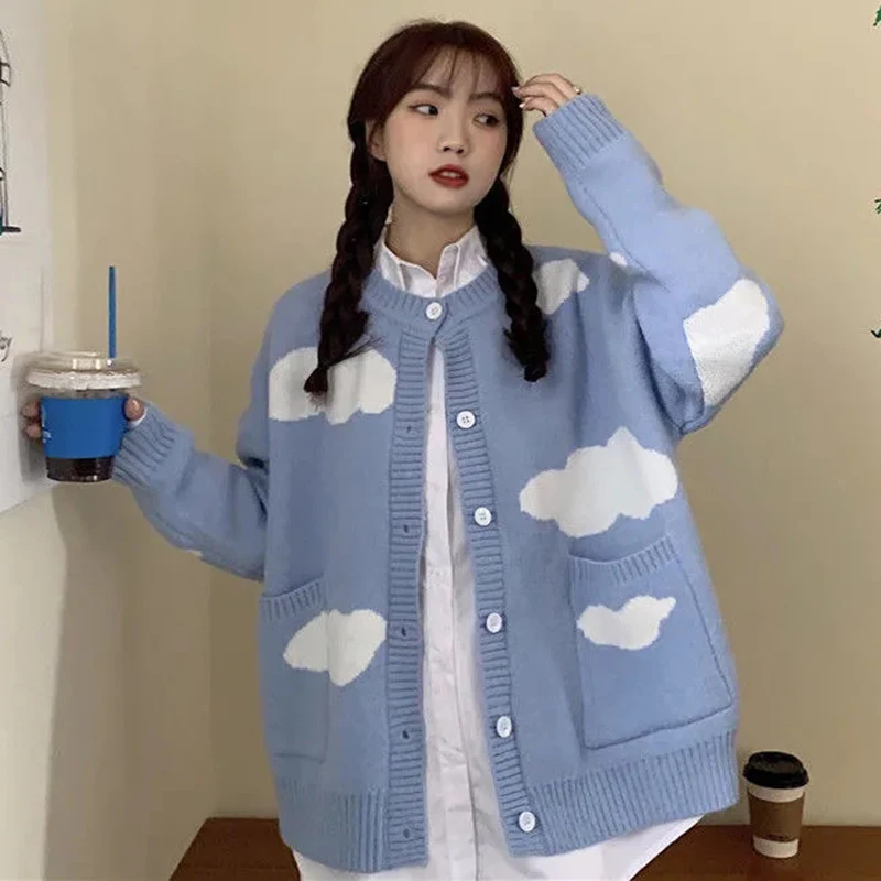 

Women's Blue Cloud Sweater Coat Round Neck Autumn Winter Cardigans Jacket Student Long Sleeve Harajuku Cardigans Cute Oversized