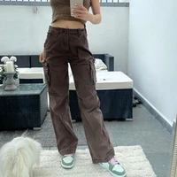 brown jeans side pocket brown cloth 2021 casual street beltless straight leg overalls women denim jeans vintage jeans mall goth