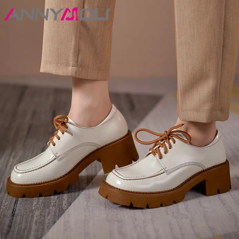 

ANNYMOLI Real Leather Chunky Heels Pumps Sheepskin High Heel Shoes Women Round Toe Lace Up Shoes Ladies Footwear Spring White