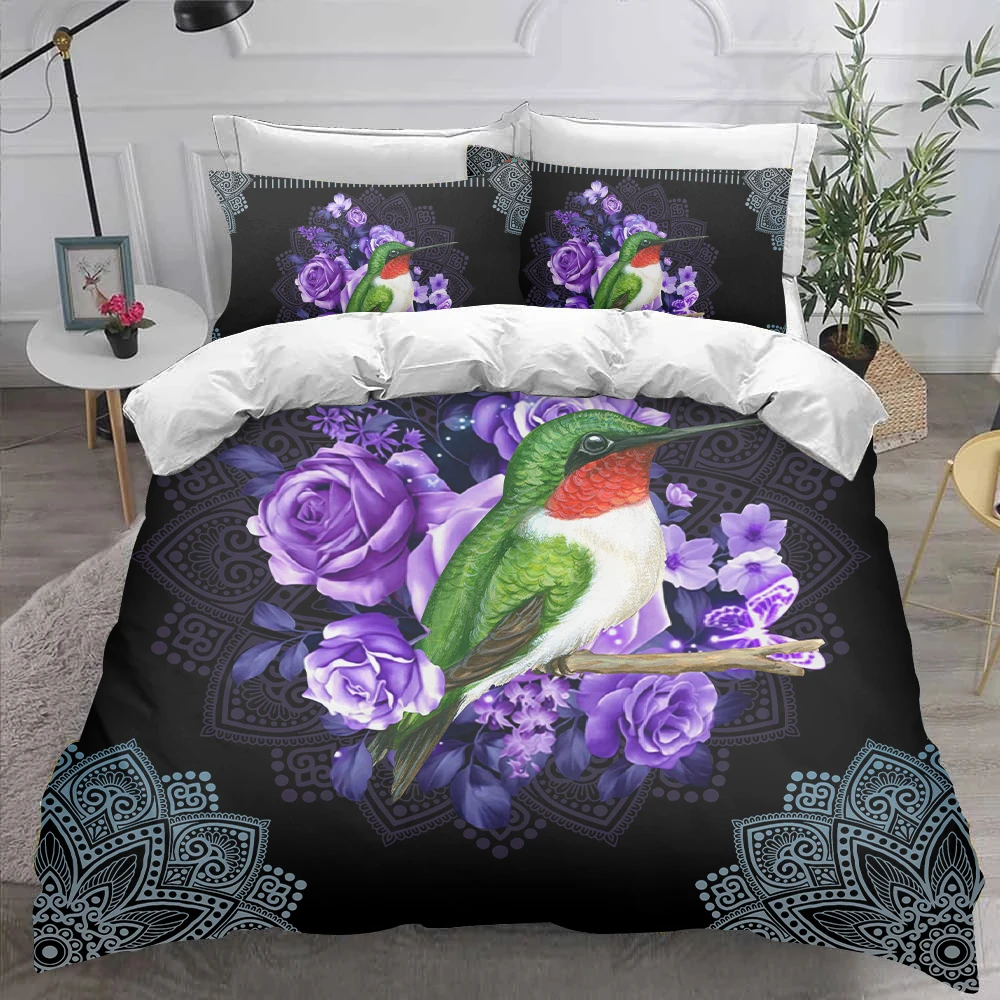 

Purple Rose with Hummingbird Bedding Set Duvet Cover Sets Bedclothes Bed Linen Sheet Single Double Queen King size Qulit Covers