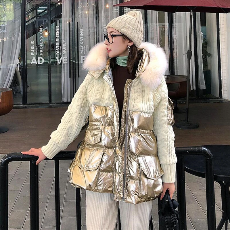 Женские пуховые парки свитер стеганый пуховик из лисьего меха женское