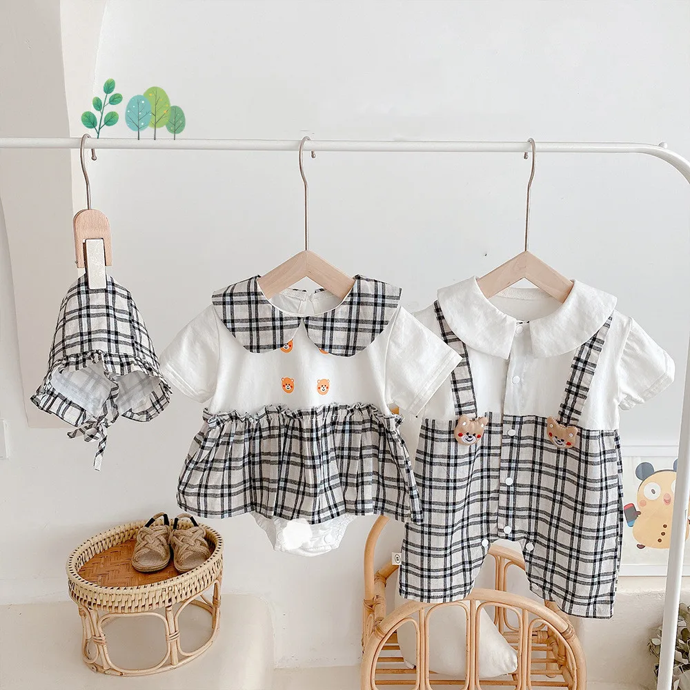

Baby Brother Sister Matching 2021 New Summer Baby Boys Girls Plaid Overalls Jumpsuit Dress Korean Spanish Style Children Romper