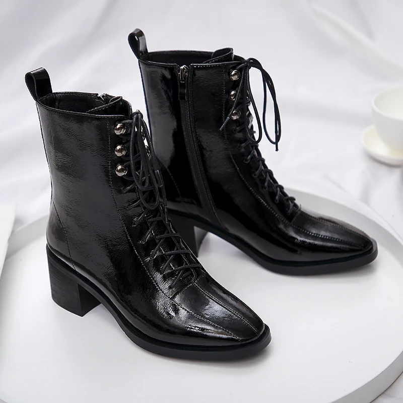 spesifikasi Kulit Gandum Penuh 6.5cm Tinggi Tebal Bawah Tumit Cross-tied Renda Zipper Musim Dingin Tetap Hangat Warna Murni Semata Kaki JGG09 MUYISEXI