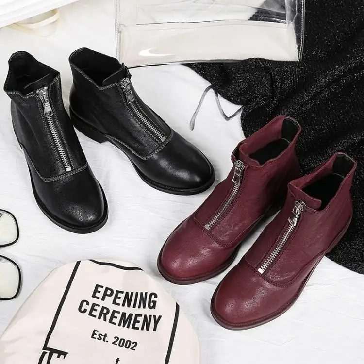 Martin boots before female leather zipper and thick with autumn winter round head locomotive sheepskin |