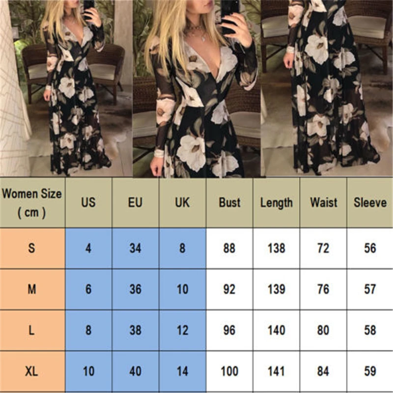

Hot Sale Fashion Women Elegant Loose Long Sleeve See Through Robe Dresses Ladies Boho Summer Floral Print Chiffon Long Dress