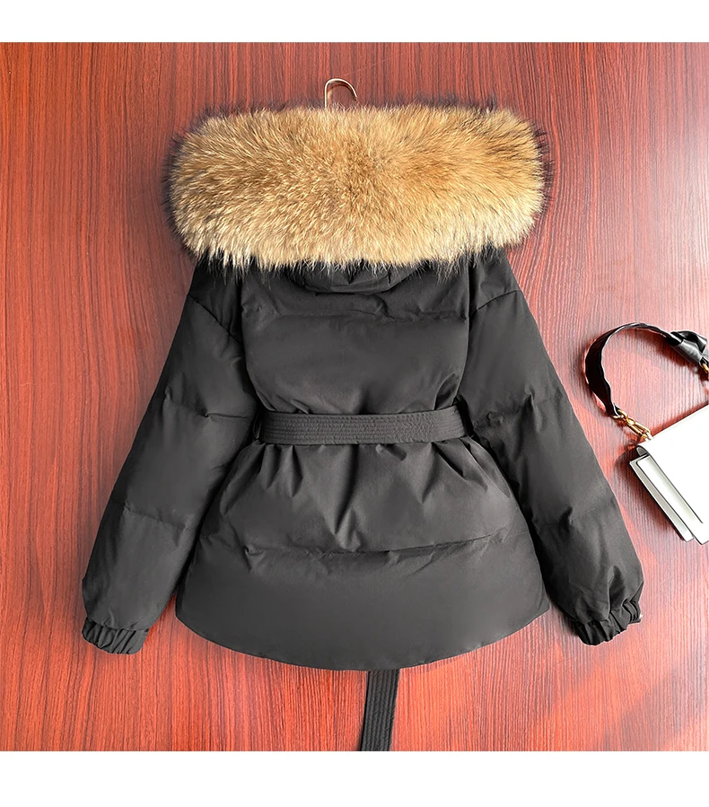

2021 Large Real Raccoon Fur 90% White Duck Down Parka Winter Women Coat Thick Warm Female Hooded Puffer Jacket With Belt