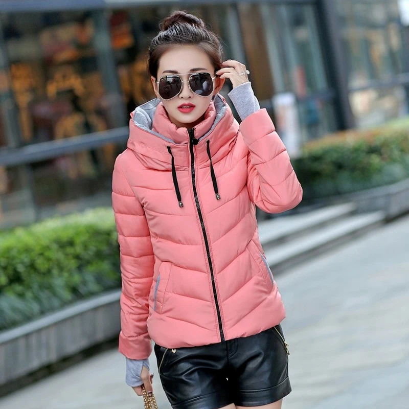 New Brand Down Cotton-Padded Jacket Women's Short Winter Hooded Fashion Korean Slim-Fit Women's Wear Gloves Cotton-Padded Coat