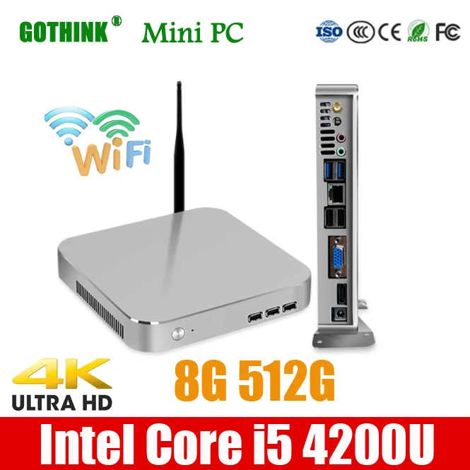 GOTHINK Мини ПК с сенсорным экраном, Wi-Fi, 8G 512G Intel Core i5 4200U Двухъядерный четыре потока 1,6 ГГц WIN7/8/10, LINUX OS 4K Карманный ПК HDMI VGA USB