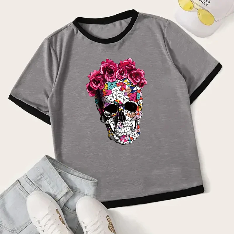 Rose Skull Head Stickers Set Iron On Transfer For Girls Fashion Patches Heat Parches Diy Easy Use Washable | Дом и сад
