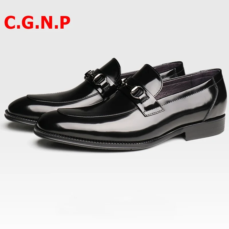 

C.G.N.P Business Casual Shoes Black Wine-red Genuine Leather Loafers Men Round Toe Slip On Dress Shoes Formal Shoes Mens Shoes