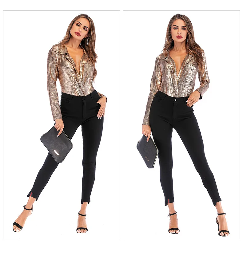 

Leopard Print Jumpsuit Women Shirts Polyester Streetwear New European and American Explosion Slim Long Sleeve Deep V-neck Summer