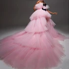 Очень Пышное с оборками воротник розовый платье для выпускного вечера es Тюль свадебное платье; Robe De Soiree Vestido De Fiesta платье для выпускного вечера с открытыми плечами из Дубая