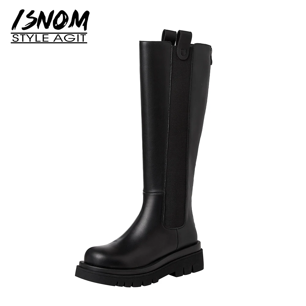 

ISNOM Ladies Genuine Leather Chelsea Knee Boots Chunky Heel Platform Round Toe Zip Fashion Woman Bootie Autumn Winter Boots 2020