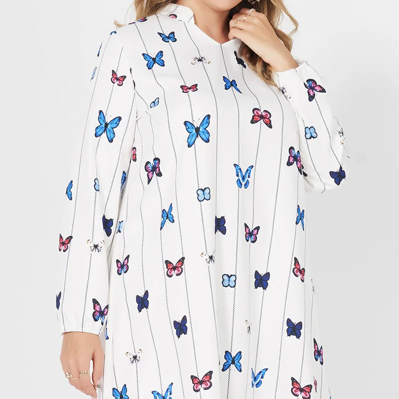 

2021 New Summer Maxi Dress Women Plus Size White Butterfly Printing Vertical Striped V-neck Loose A-line Long Sleeve Casual Robe