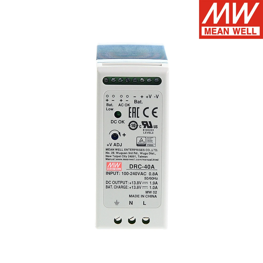 

Mean Well DRC-40A 40W 13.8V 1.9A Floating Charging DC Din Rail Type UPS Security Switching Power Supply DC OK