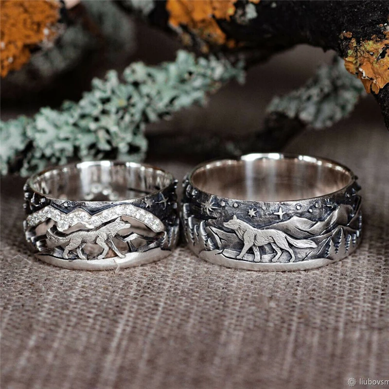 

Vintage fashion men's and women's couple rings wolf forest carving ring silver punk gothic casual party ring jewelry