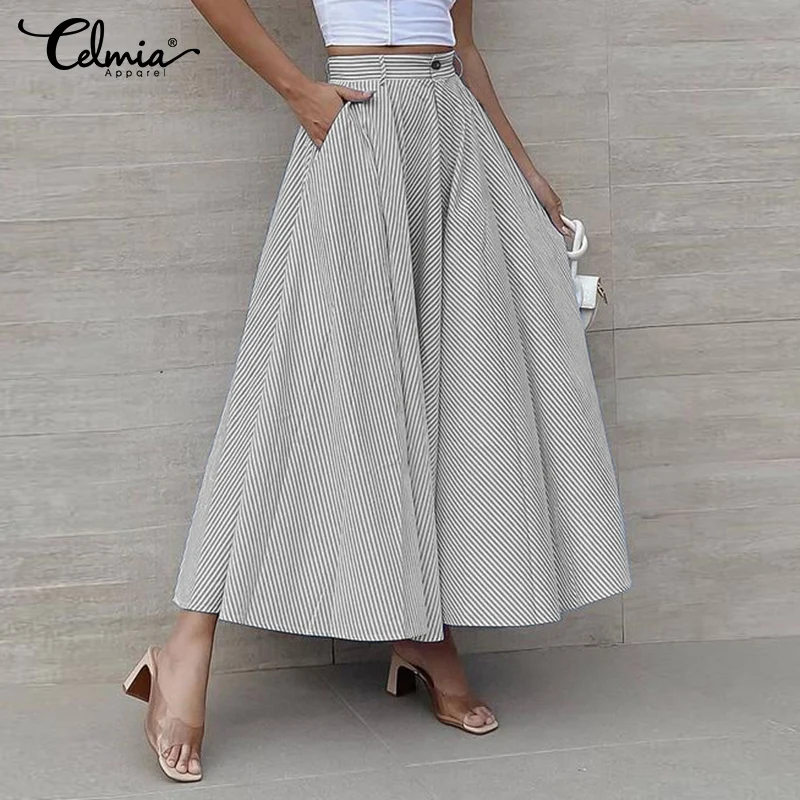 Юбка Женская длинная в полоску модная вечервечерние Макси-юбка Celmia Свободные