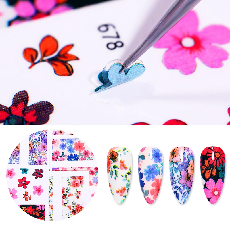 Наклейки для ногтей розовые желтые фиолетовые цветные смешанные цветы