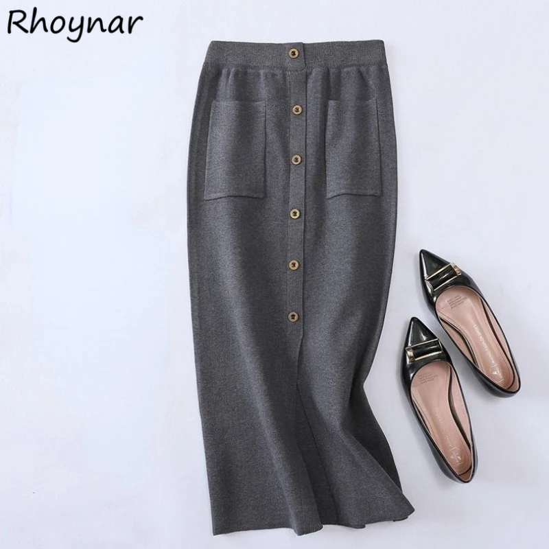 

Skirts Women Elegant Casual Mid-calf Knitted Autumn High Waist Cozy Pockets Fashion Female Daily Korean Style Street Solid New