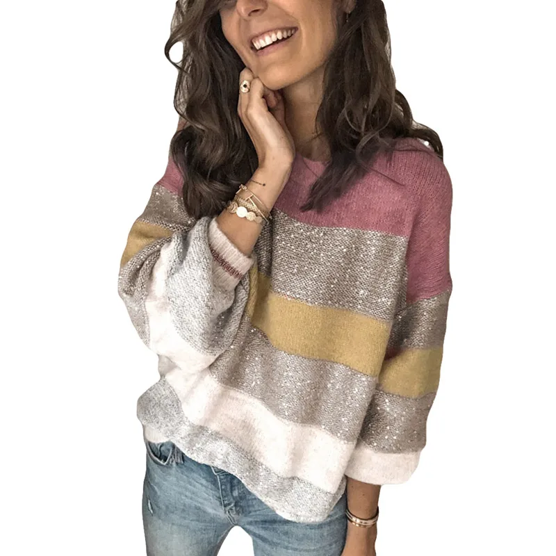 Свитер женский трикотажный в полоску с круглым вырезом на осень LYT01 2020 | Женская