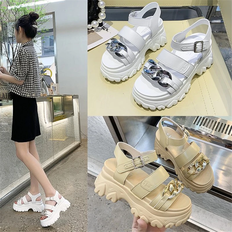 

2021 INS Trend Women Platform Chain Sandals Open Toe Buckle Strap Versatile Sandalias Female Summer Comfortable Casual Shoes