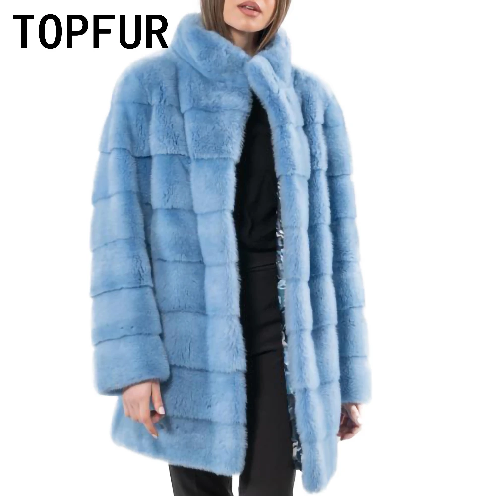 TOPFUR Import Blue Natural Mink Fur Coat Luxurious Round Neck Basic Jacket Loose Fashion Real Fur Coat Woman Outwear Customized