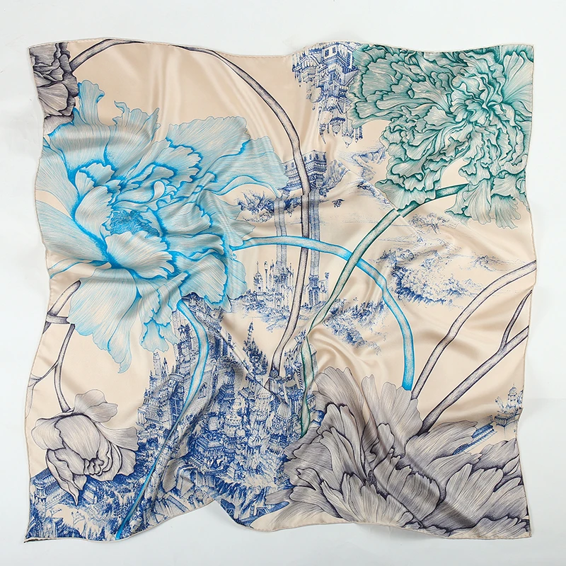 

Women Scarf Real Silk Square Scarves 100% Pure Silk Luxury Brand Floral Printed Large Bandana Headscarf Neckscarf Shawls 90x90cm