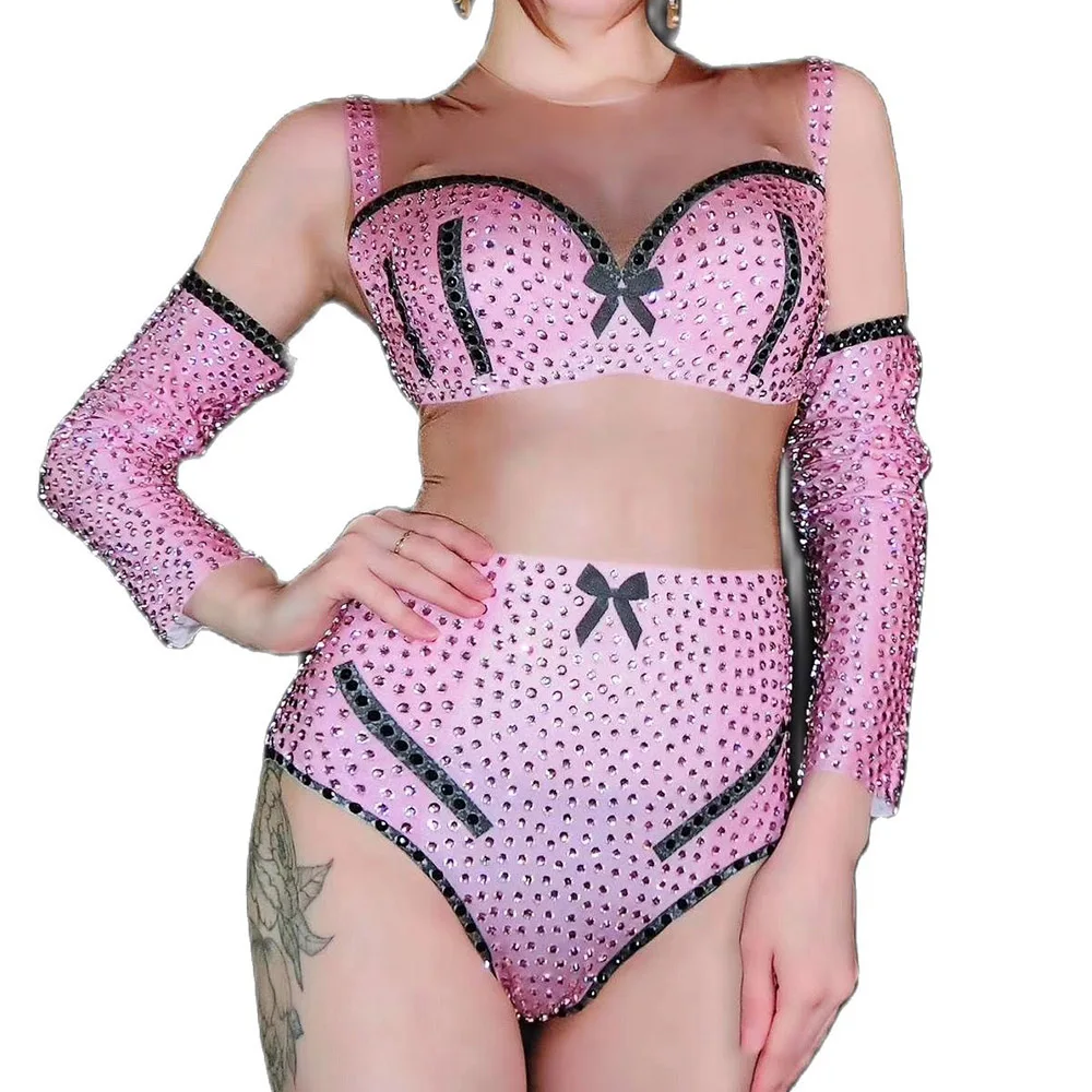 Розовый боди в стразах Соблазнительные личность костюмы для сцены девушек