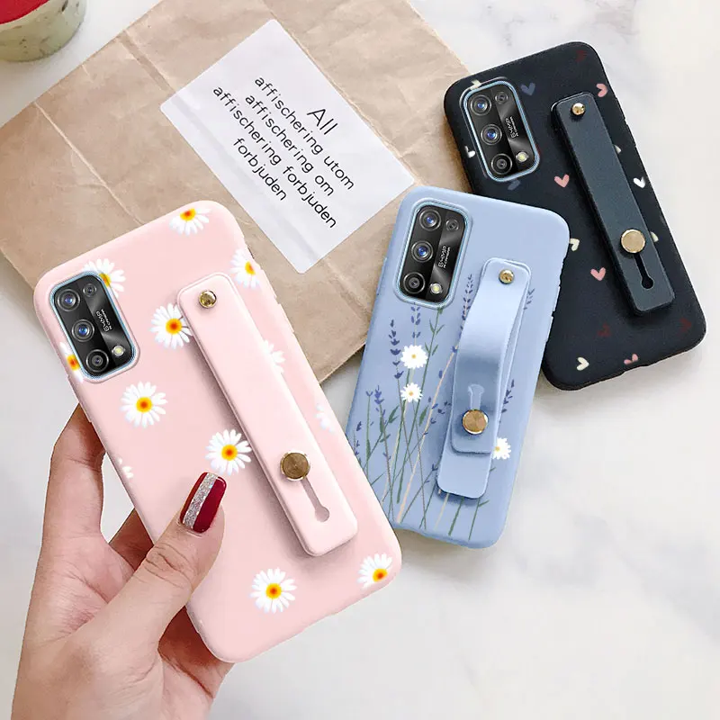 for realme 7 pro wrist strap phone holder case silicone cases for oppo realme 7pro realme7 pro 6 4 flower stand coque bumper free global shipping