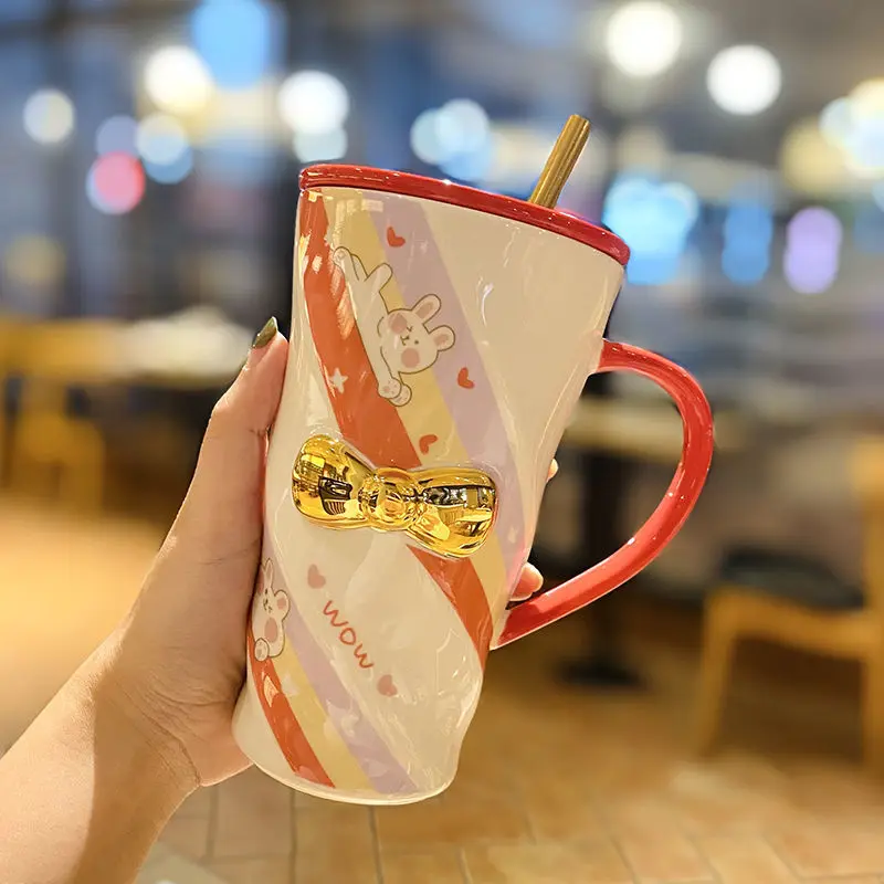 

Spiral Exquisite Long Mug, Cute Large Capacity Ceramic Mug, Creative Starbuck Coffee Milk Cup with Cover and Straw