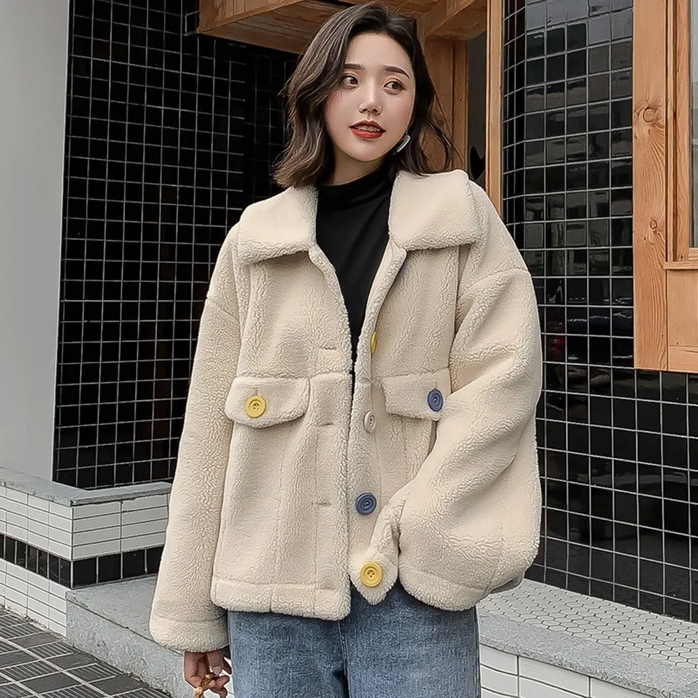 

2019 Thicke Warm Imitate Lamb Wool Winter Warm Snow Casual Cute Temperament Slim Cotton Clothing Female Wild Lamb Coat Clothes