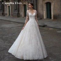 elegant wedding dresses for women 2022 button illusion back bride gowns a line lace appliques bridal dress robe de mari%c3%a9e