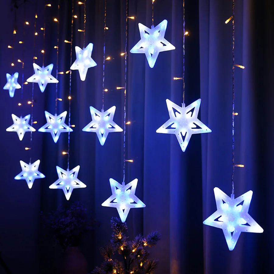 

LED Star Curtain Lights Christmas Decoration Blue Star String Light Plug In Fairy Garland Lights Christmas Window Curtains Light
