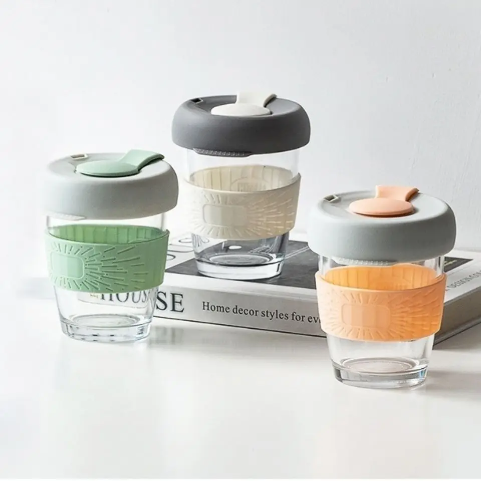 

350ml Ins Coffee Cup Portable Milk Glass with Silicone Cover Resistant Direct Drinking Water Cup Breakfast Cup Glass Tea Cup
