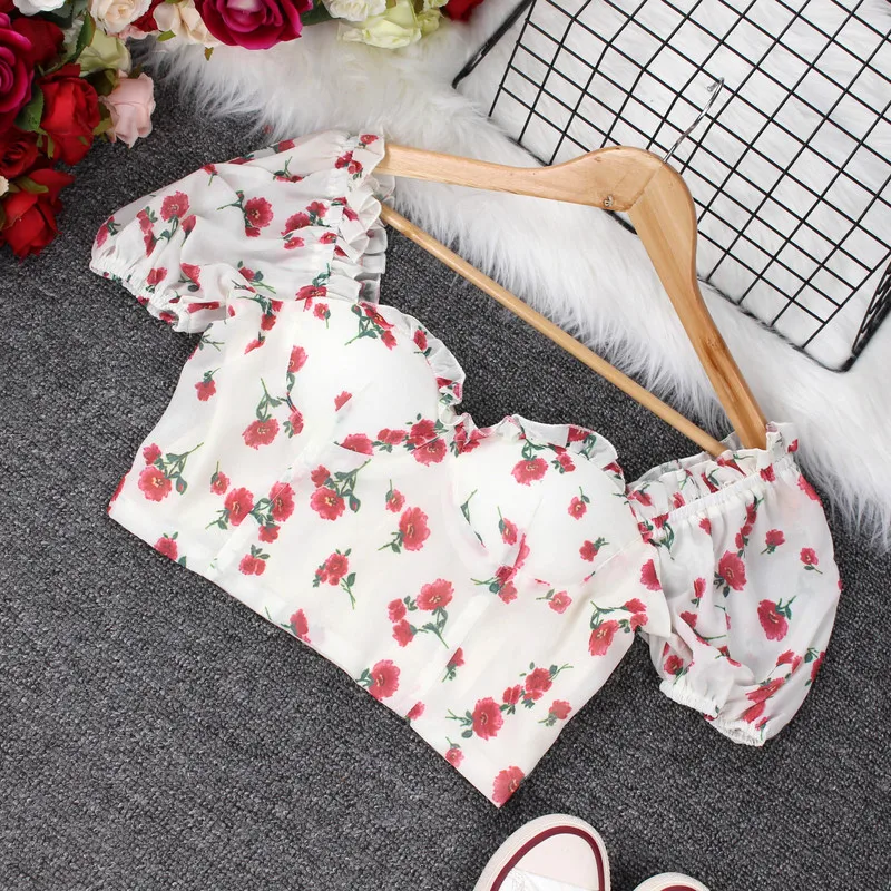 Женские блузки с квадратным вырезом коротким рукавом-фонариком и цветочным