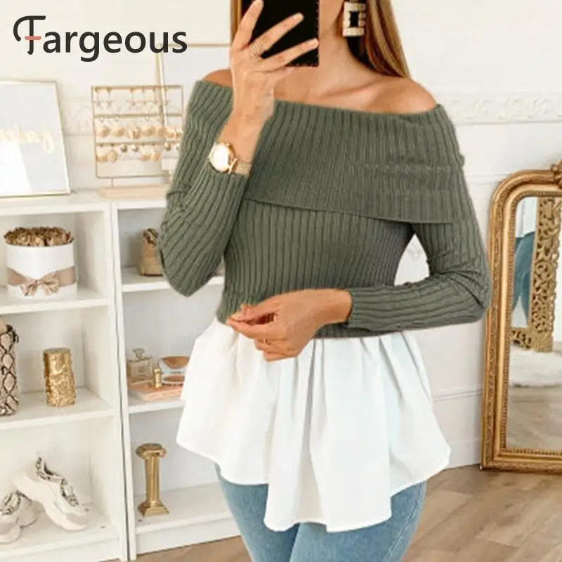Модные трикотажные Лоскутные пуловеры женская рубашка с открытыми плечами