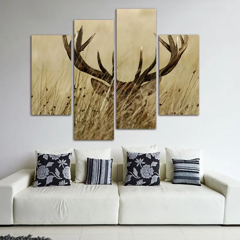 4 панели животных живопись олень Олень с длинным оленьим рогом в кусте Печать на