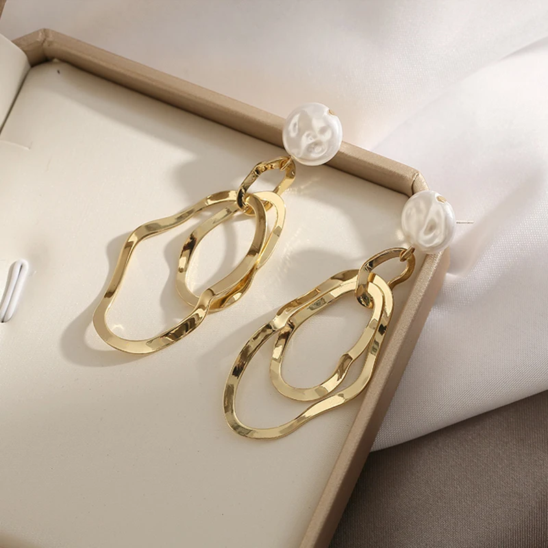 

14k Real Gold Pearl Stud Earrings Irregular Metal Geometric Dangle Earrings Female Minimalist Light Luxury Wild Wedding Jewelry