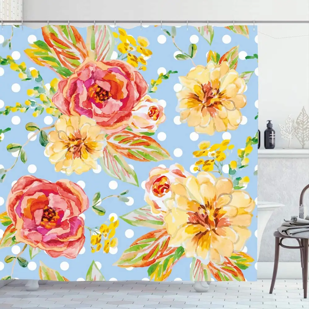 

Shower Curtain Set with Hooks 66x72 Summer Pink Yellow Delicate Green Roses Pattern Drawn Floral Beautiful On Nature Watercolor