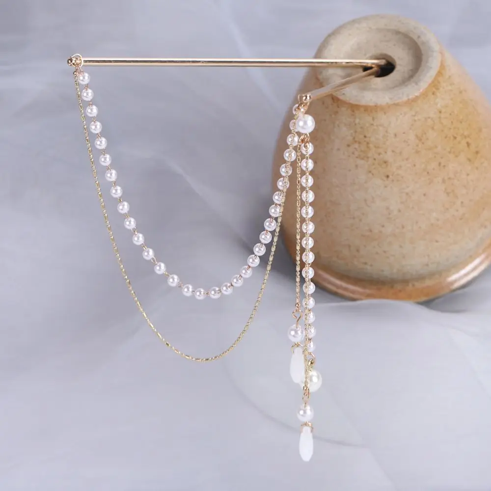 Элегантная жемчужная кисточка в китайском стиле с двойной цепочкой вилка для