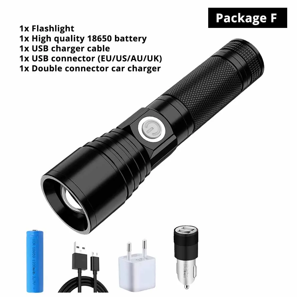 Package F USB Перезаряжаемый светодиодный фонарик супер яркий 5 Режим зум водонепроницаемый фонарь питание от 18650 комплект батареи для ночного освещения - Испускаемый цвет: Package F