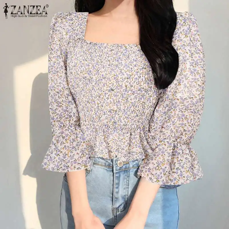 

Womens Summer Holiday Pleated Tops 2021 Fashion Flare Sleeve Blusa Casual Lady Backless Blouse ZANZEA Elegant Floral Print Tunic