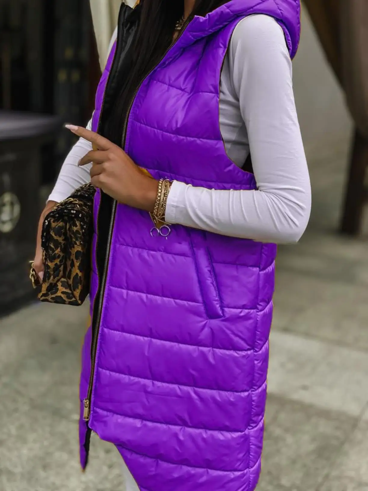 Sleeveless Puffer Jacket Women Hooded Cotton Padded Waistcoat Casual Streetwear Zipper Pocket Jacket  Long Quilted Coat