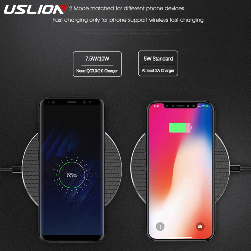 USLION 10 Вт Беспроводное зарядное устройство для телефона iPhone X XR XS MAX 11 Pro Max Google Samsung